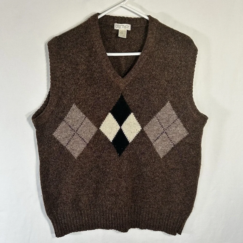 Vintage 80s 90s Cattivo Vest Brown Argyle Shetland Wool Sweater Men Large